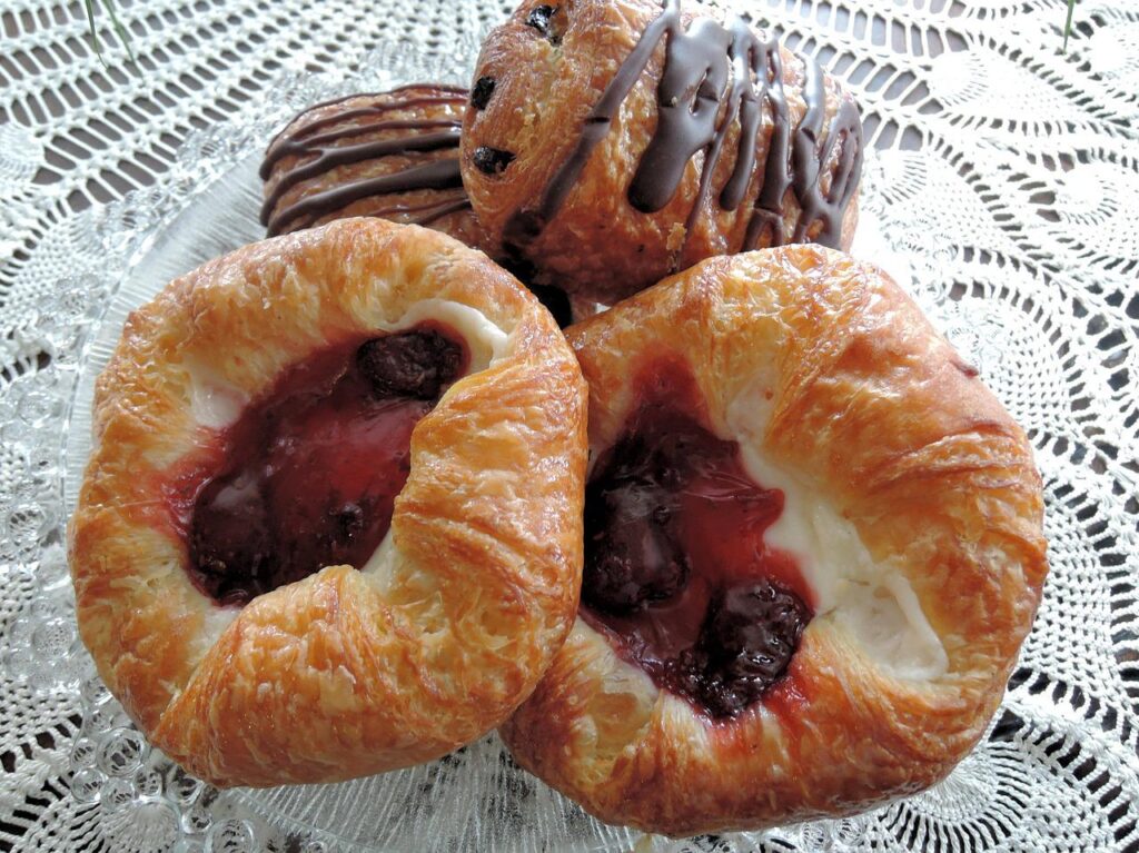 Chocolate Danish pastry and pastry with fruit cream